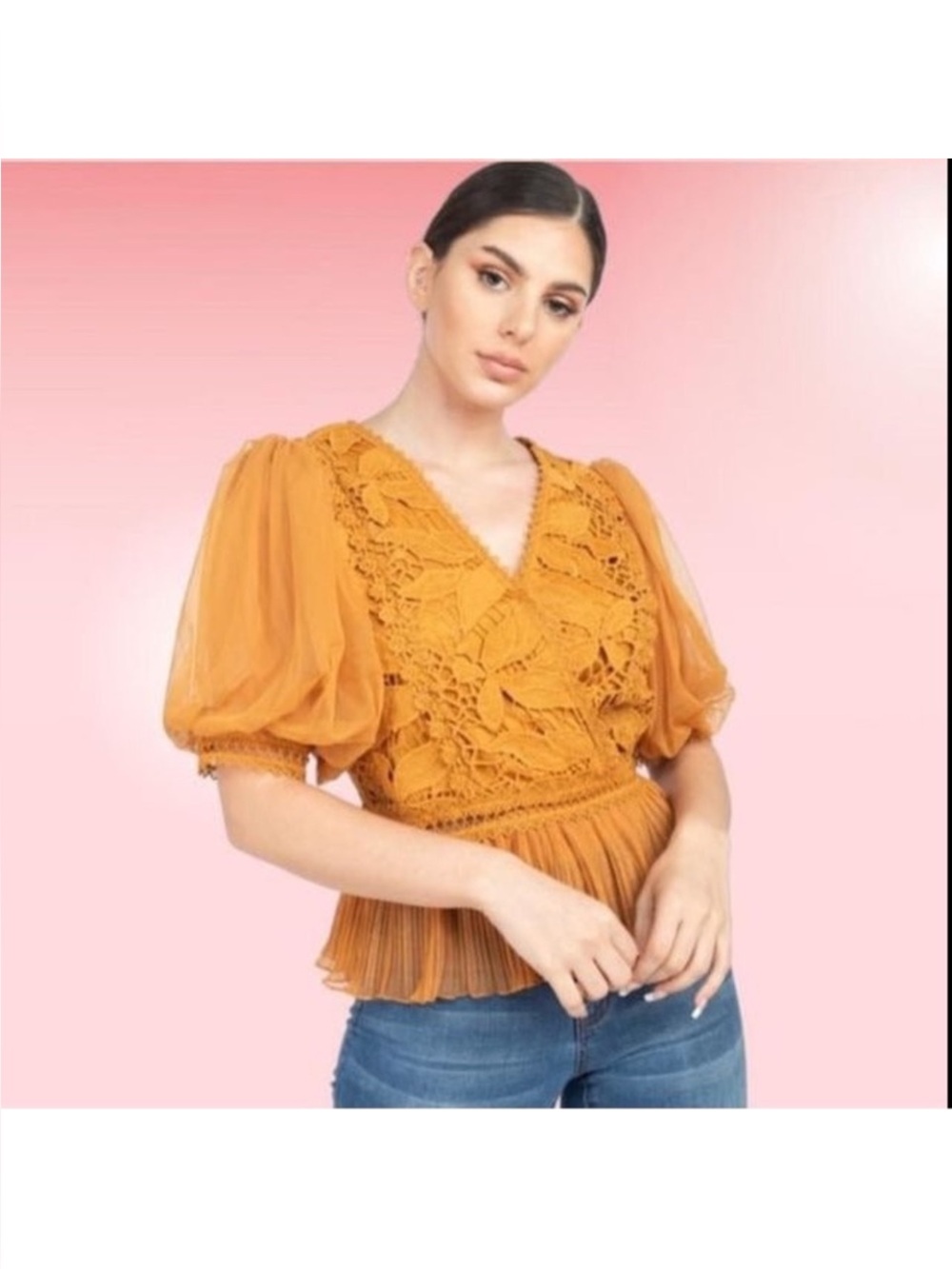 Haute monde Puff Sleeve Blouse Carmel Color Lace size medium